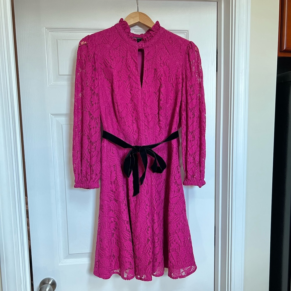 Maggy London pink lace 3/4 length sleeve cocktail dress with velvet belt size 14
